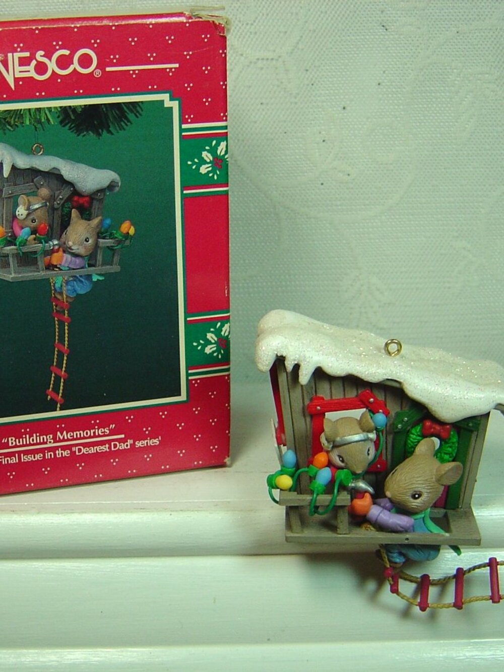 Vintage Enesco ornament-Building Memories-father & son mice & treehouse-1994-#3